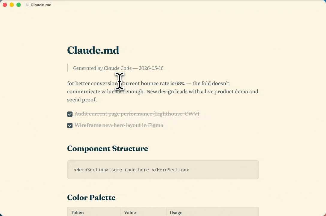 Kite markdown editor on Mac showing WYSIWYG editing with live markdown rendering, syntax hides while typing